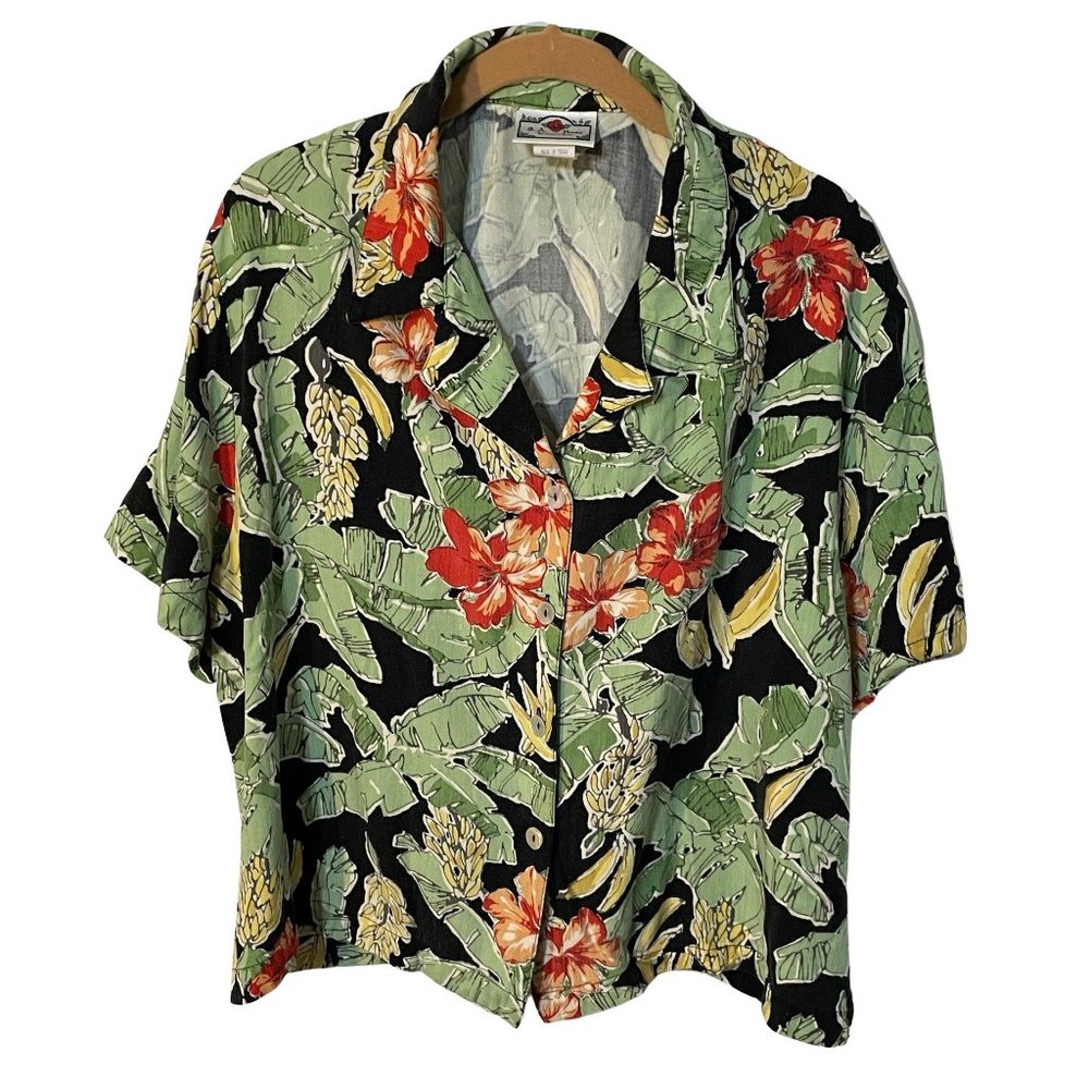 Vintage 90's Button Up Shirt S.A. Rose Womens XL Green Black Tropical Palm Trees